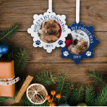 Carte Décorative Bleu foncé Blancs Empreintes de pattes Chiot 1er N<br><div class="desc">Un ornement photo en forme de flocon de neige avec une photo ronde de votre chiot avec texte courbé et de mignons empreintes de pattes en bleu et blanc.</div>
