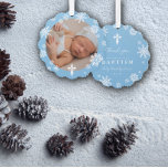 Carte Décorative Bleu Snowflakes Photo Hiver Baptême Merci<br><div class="desc">Beau baptême d'hiver merci ornements en bleu avec des flocons de neige,  une croix blanche,  et une photo de votre bébé.</div>