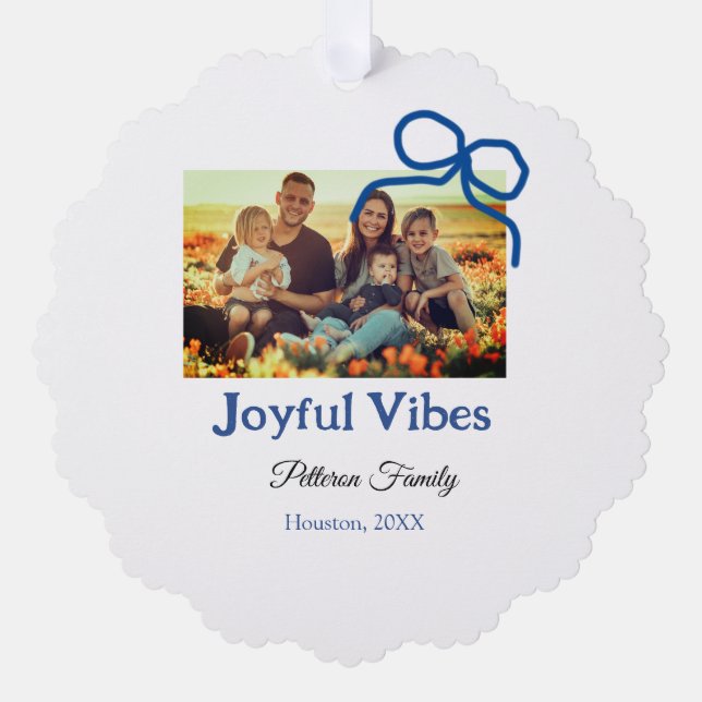Carte Décorative Blue bow joyful Vibes ajouter nom de famille photo (Recto)