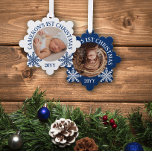 Carte Décorative Blue White Snowflakes 1er Noël de bébé<br><div class="desc">Un ornement photo en forme de flocon de neige avec une photo ronde de votre bébé avec texte courbé et de jolis flocons de neige.</div>
