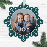 Carte Décorative Bold Modern Snowflake Joie Photo Noël<br><div class="desc">Envoyez des salutations de vacances uniques avec ces cartes de Noël amusantes qui se double comme des ornements ou de grandes étiquettes cadeaux! Ils présentent un design simple de flocon de neige, une typographie moderne lisant JOY, et un modèle photo en forme de cercle sur un arrière - plan turquoise...</div>