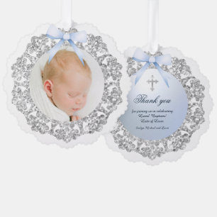 Carte Décorative Cadre Pailleté Argent Ruban Bleu Remerciement Bapt