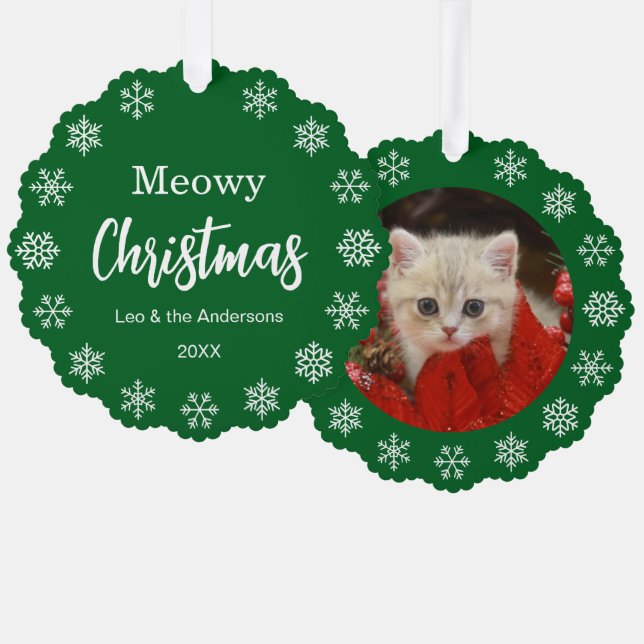 Carte Décorative Cat Photo Meowy Christmas Snowflakes Green Pet (Recto/Verso)