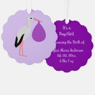 Carte Décorative Cigogne bébé violet genre neutre personnalisé