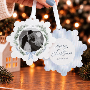 Carte Décorative Couronne de Noël botanique au ruban bleu Photo
