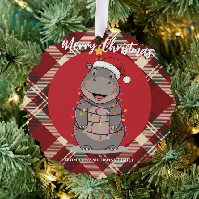 Carte Décorative Cute Hippo Christmas tree zoo safari Xmas plaid pa (Insitu (Arbre))