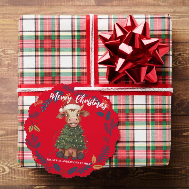 Carte Décorative Cute merry Cow Christmas tree calf ox Xmas pattern (Insitu (Cadeau))