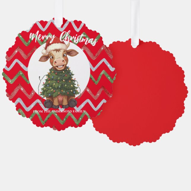 Carte Décorative Cute merry Cow Christmas tree calf ox Xmas pattern (Recto/Verso)