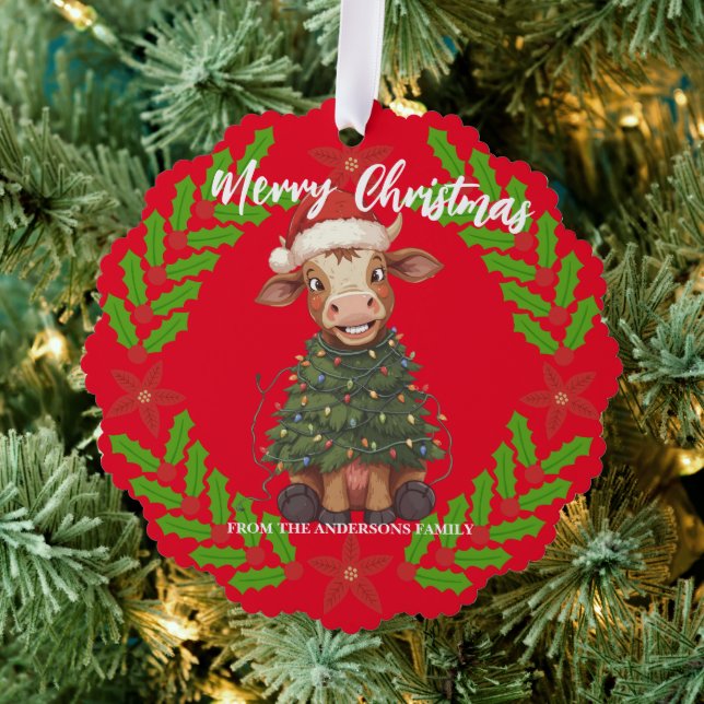 Carte Décorative Cute merry Cow Christmas tree calf ox Xmas pattern (Insitu (Arbre))
