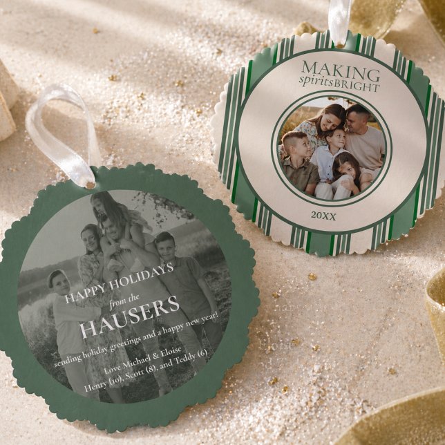 Carte Décorative Éclairer les esprits Deux Bande de photos (Making Spirits Bright Two Photo Stripe Ornament Card)
