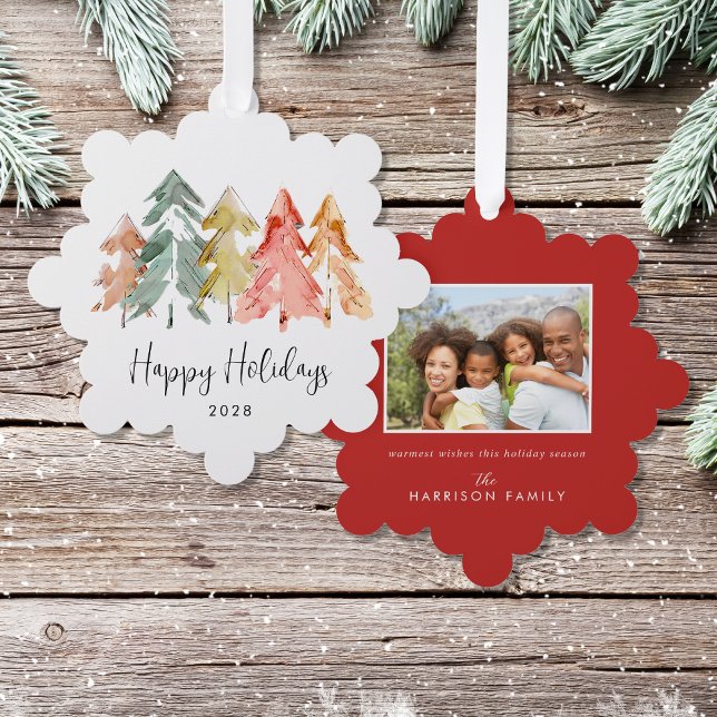 Carte Décorative Elégant Pine Trees Aquarelle Photo Noël (Share the love and warmth of the holiday season with a photo paper ornament card)