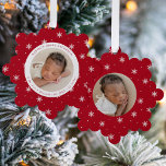 Carte Décorative Élégant Snowflakes Red Baby's First Christmas<br><div class="desc">Célébrez le premier Noël de votre bébé avec vos amis et votre famille avec notre Elegant Red and White Snowflake carte d'ornement de Noël pour bébé. L'avant de la carte affiche la photo de votre bébé entourée d'un cadre blanc avec un arrière - plan à motifs de flocon rouge et...</div>