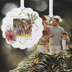 Carte Décorative Elégante aquarelle Poinsettias avec cadre or photo