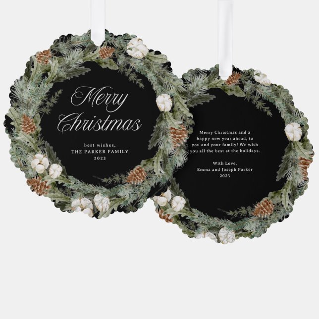 Carte Décorative Elégante couronne de pin et verdure | Joyeux Noël (Recto/Verso)