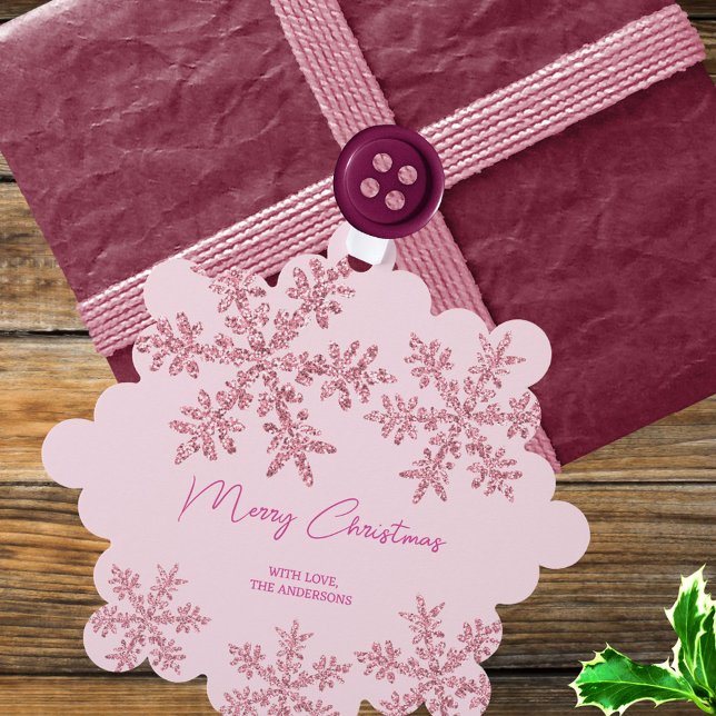 Carte Décorative Élégante étiquette cadeau Joyeux Snowflake rose Gl (Create your own custom large Christmas gift tags with your text on the front and back)