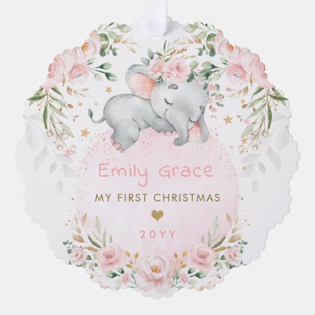 Carte Décorative Élément floral rose éléphant bébé premier 1er Noël (Recto)