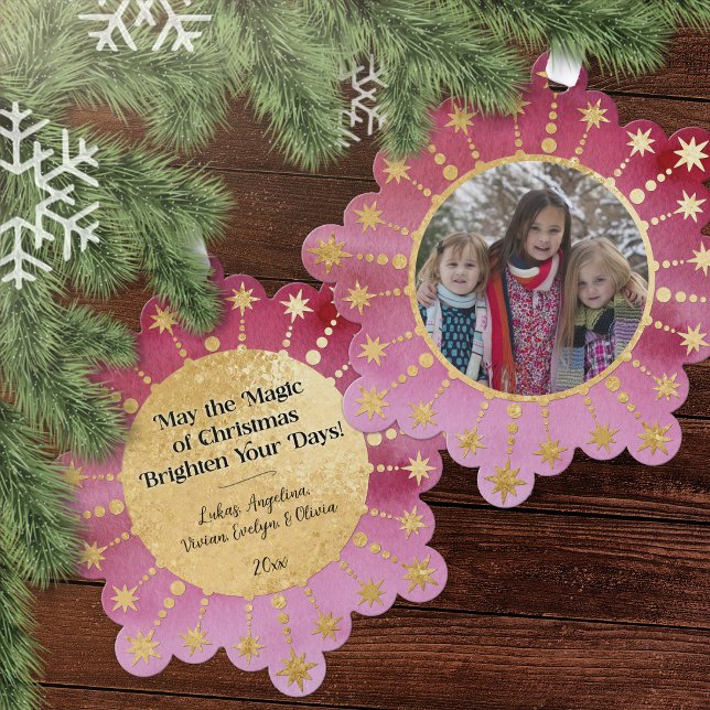 Carte Décorative Festive Christmas Star : Red and Gold Photo (Christmas Magic Red, Pink, and Gold Photo Ornament Card)
