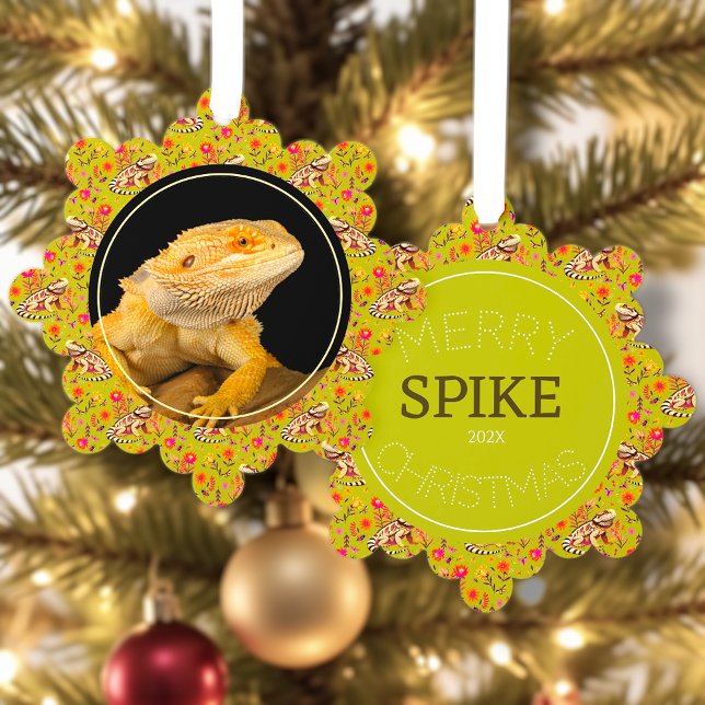 Carte Décorative Fête de Noël de dragon barrée Personnalisée (Bearded dragon Christmas ornament with photo and name personalization.)