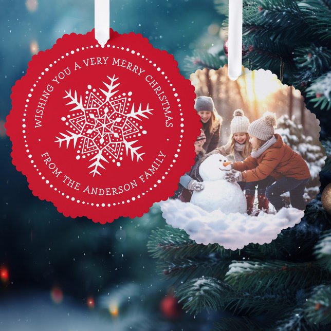 Carte Décorative Flacon de neige lunaire point frontière rouge (Whimsical snowflake dot border red ornament card)