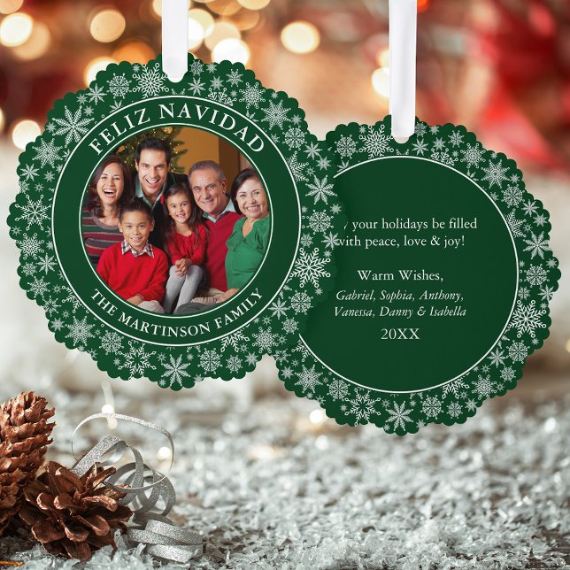Carte Décorative Flèches modernes Green Feliz Navidad Photo (A greeting card that is also an ornament! Customize with your photo and personalized text.)