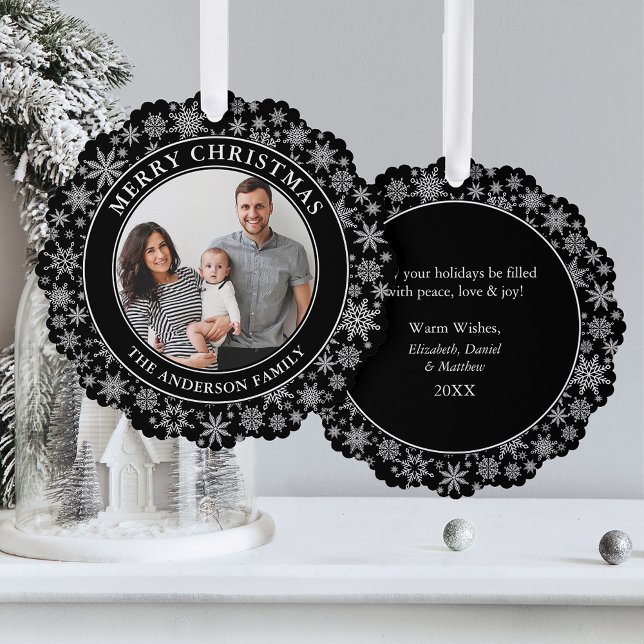 Carte Décorative Flocon de neige noir et blanc tendance Joyeux Noël (A greeting card that is also an ornament! Customize with your photo and personalized text.)
