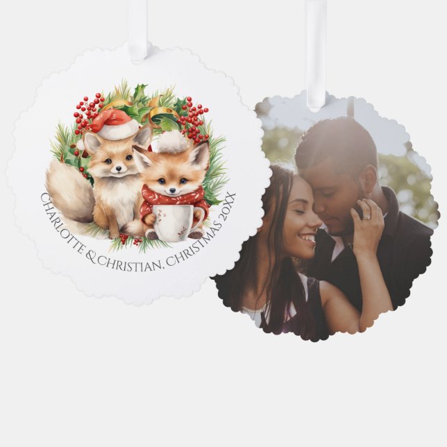 Carte Décorative Fox Couple hiver Wreath Noël Personnalisé (Recto/Verso)