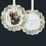 Carte Décorative Gold Winter Greenery Joyeux Noël Photo Wreath<br><div class="desc">Invitation vos proches pour célébrer les fêtes avec une Gold Winter Greenery Joyeux Noël Photo Wreath Ornament Card. Vous pouvez vous en tant qu'étiquette cadeau ainsi qu'un ornement de carte de Noël pour vos proches arbre de Noël. Cette carte de voeux festive allie la verdure botanique d'hiver et les baies...</div>