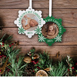 Carte Décorative Green White Snowflakes 1er Noël du bébé<br><div class="desc">Un ornement photo en forme de flocon de neige avec une photo ronde de votre bébé avec texte courbé et de jolis flocons de neige en vert et blanc.</div>