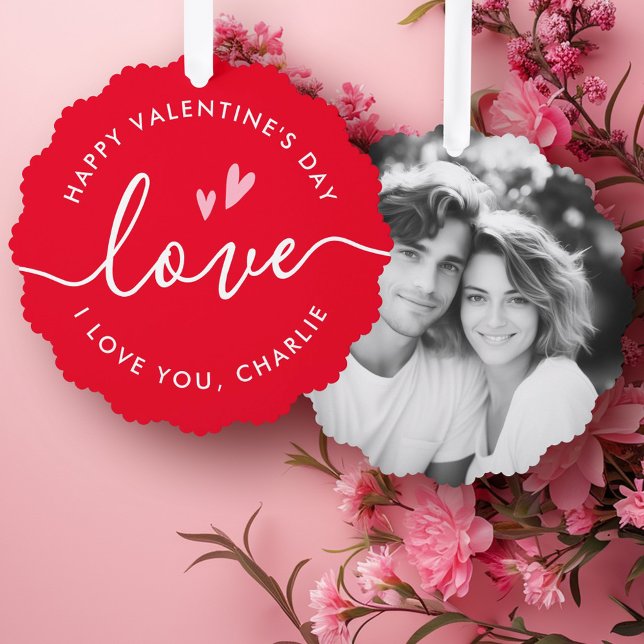 Carte Décorative Heureuse Sainte-Valentin élégant nom de script pho (Happy Valentine's Day elegant script name photo Ornament Card)