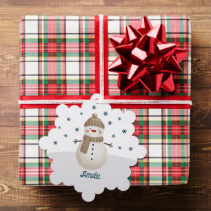 Carte Décorative Joli Bonhomme de Neige Flocons Nom Noël