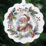 Carte Décorative Jolly Souriant Père Noël Aquarelle couronne de Noë<br><div class="desc">Portrait vintage nostalgique de St. Nicholas souriant entouré d'une couronne de Noël à l'aquarelle festive avec des verdures,  du feuillage et des baies rouges.</div>