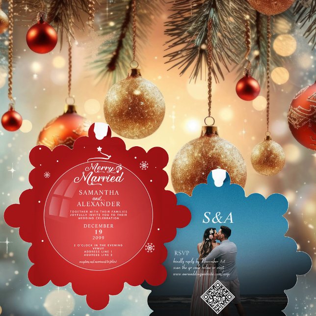 Carte Décorative Joyeux marié photo moderne Noël étoile Mariage (Merry Married Photo Modern Christmas Star Wedding Ornament Card Unique Designer Elegant RSVP QR Code)