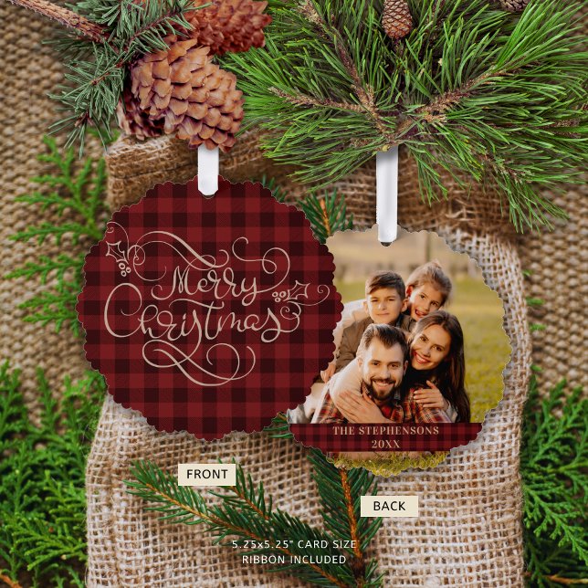 Carte Décorative Joyeux Noël Gingham Rouge Script Photo (Créateur téléchargé)