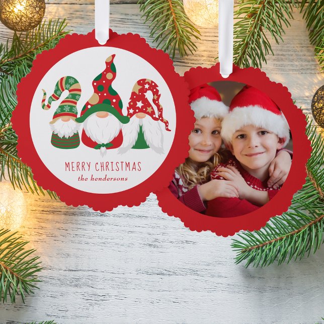 Carte Décorative Joyeux Noël Gnomes Photo Rouge (Share the love and warmth of the holiday season with a photo paper ornament card)