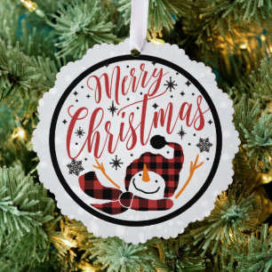 Carte Décorative Joyeux Noël Rouge Buffle Noir Plaid Snowman