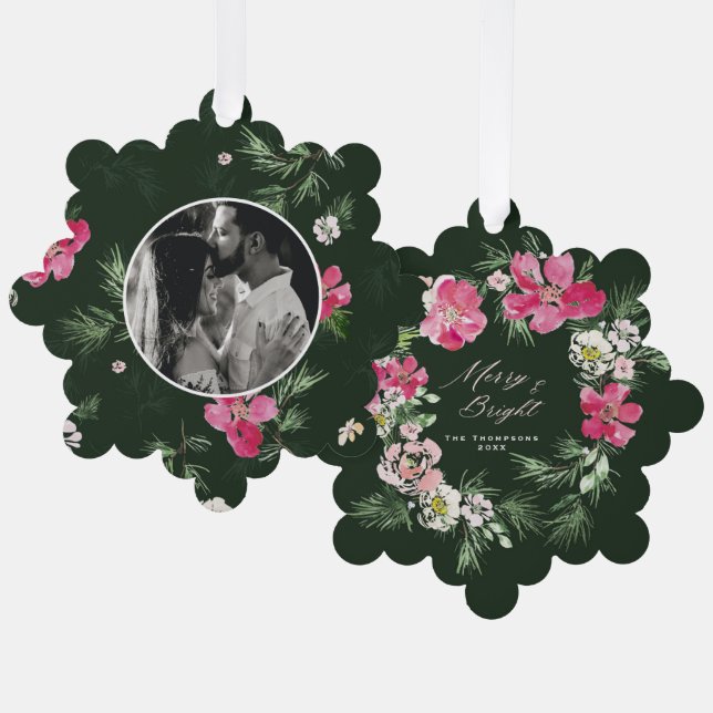 Carte Décorative Joyeux Noël Vert aquarelle fleurs (Recto/Verso)