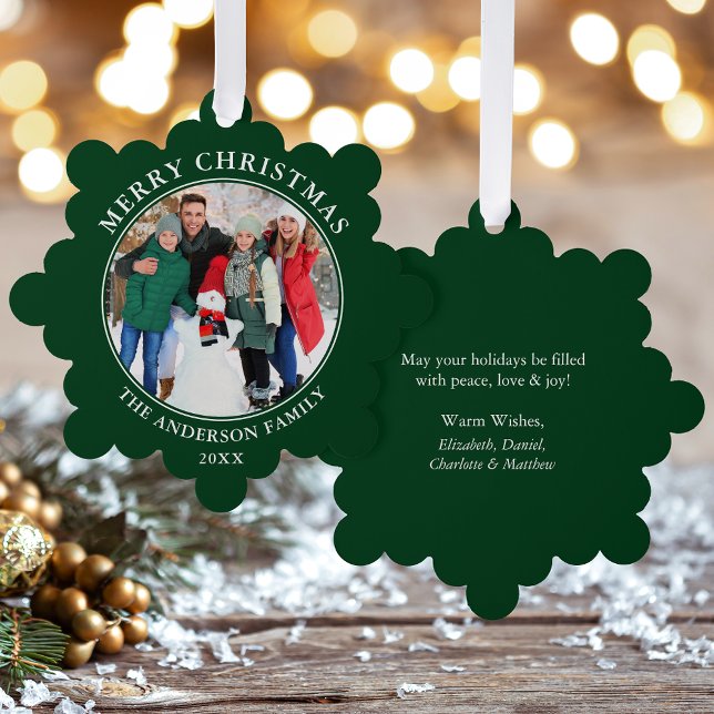 Carte Décorative Joyeux Noël vert moderne Photo (A greeting card that is also an ornament! Customize with your photo and personalized text.)