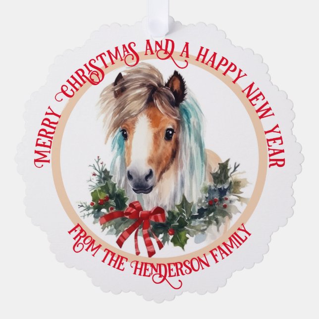 Carte Décorative Joyeux poney de Noël Shetland et couronne de Noël (Recto)