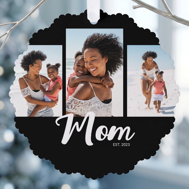 Carte Décorative Maman a établi un script moderne noir 3 Photo (Mom Established Modern Script Black 3 Photo Ornament Card)