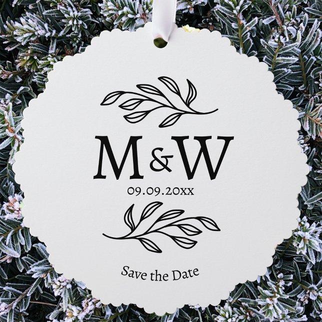 Carte Décorative Mariage Monogramme couple Enregistrer la date Bota (Modern wedding couple monogram botanical leaf design save the date paper ornament card)