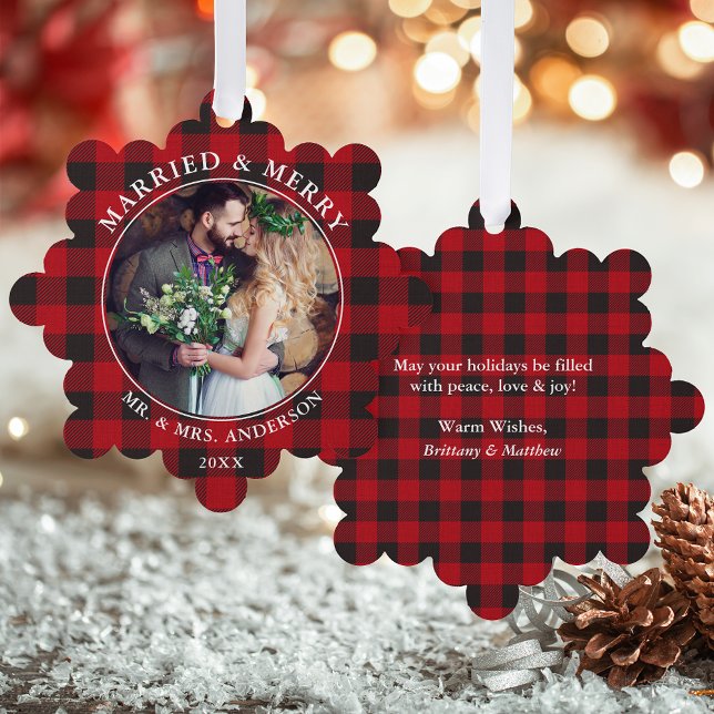 Carte Décorative Marié et Joyeux Mariage Photo Red Plaid (A greeting card that is also an ornament! Customize with your photo and personalized text.)