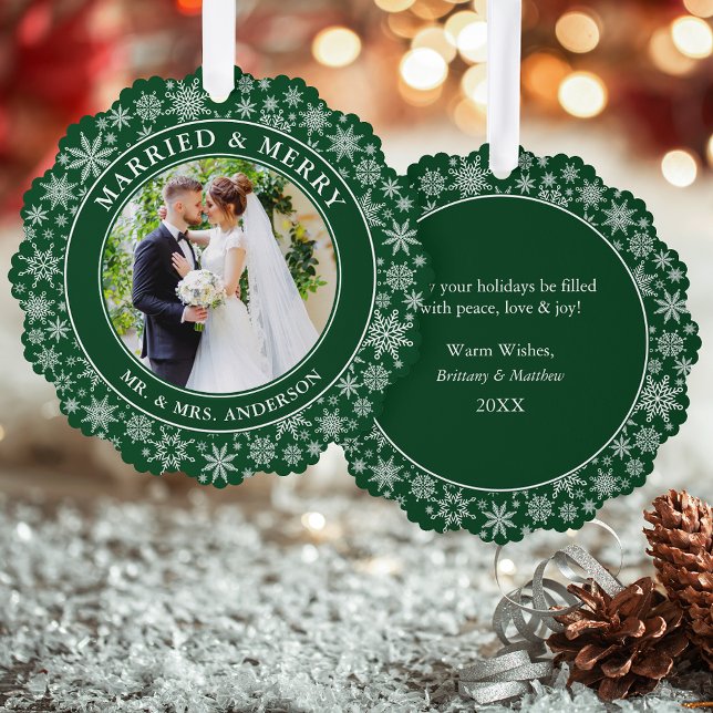 Carte Décorative Marry et Joyeux Mariage Photo Snowflakes Green (A greeting card that is also an ornament! Customize with your photo and personalized text.)