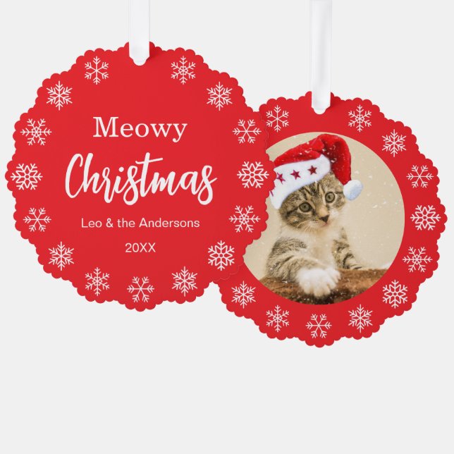 Carte Décorative Meowy Christmas Pet Cat Photo Snowflakes Red   (Recto/Verso)