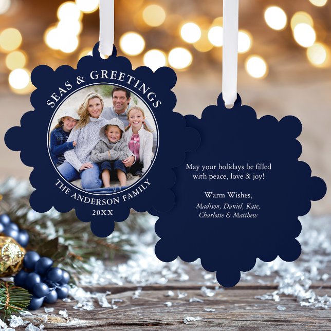 Carte Décorative Mer moderne et photos de voeux (A greeting card that is also an ornament! Customize with your photo and personalized text.)