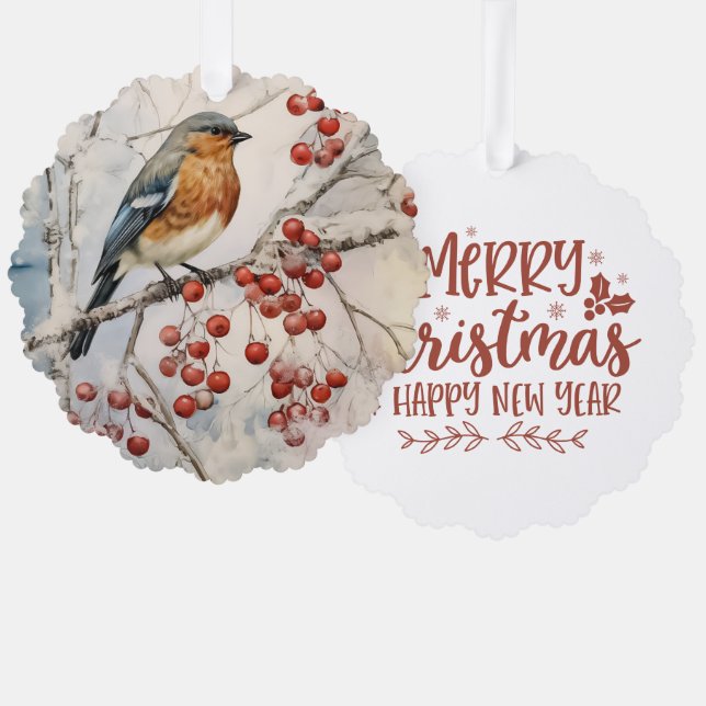 Carte Décorative Merry Christmas Happy New Year Winter Robin  (Recto/Verso)