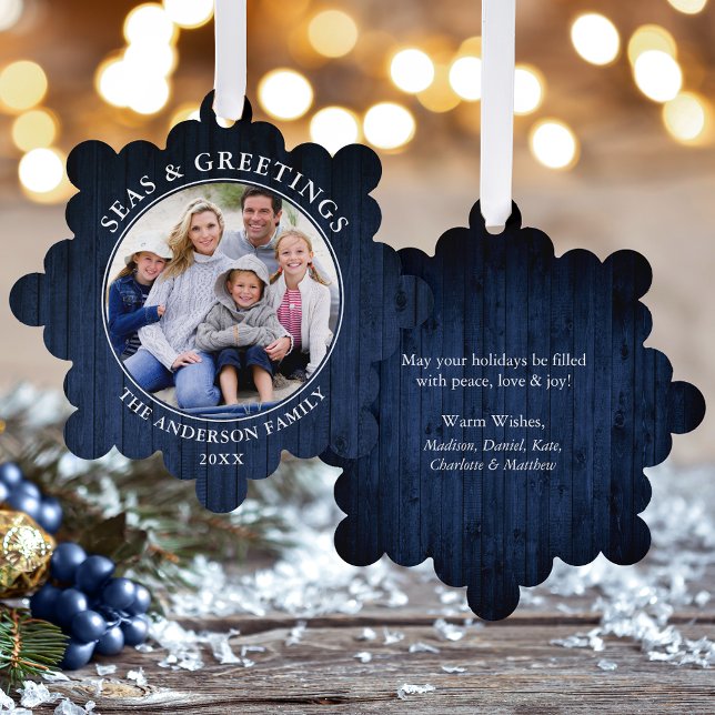 Carte Décorative Mers modernes et salutations Bois bleu Imprimer (A greeting card that is also an ornament! Customize with your photo and personalized text.)