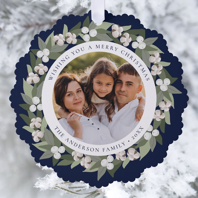 Carte Décorative Moderne Snowberry Greenery Wreath Navy Photo (Créateur téléchargé)