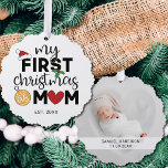 Carte Décorative Mon premier Noël en tant que mère avec nom et phot<br><div class="desc">Montrez votre bonheur pour votre premier Noël en tant que mère avec ce joli premier ornement de Noël décoré d'un chapeau de Père Noël rouge, de feuilles saints et de lumières de Noël colorées. Facile à personnaliser avec le nom et la date de naissance de votre bébé et l'une de...</div>