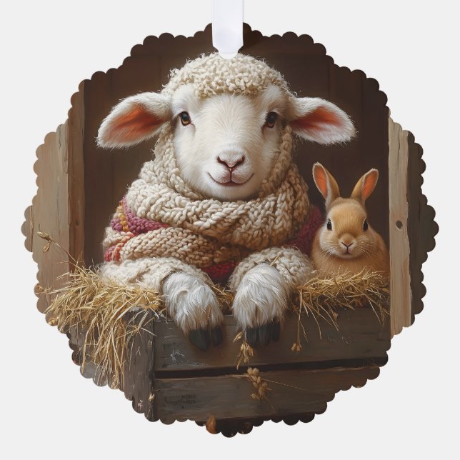 Carte Décorative Moutons et lapin douillets en Grange avec Fleurs (Recto)