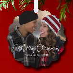 Carte Décorative Noël moderne Élégant blanc Script photo Cadeau<br><div class="desc">Élégant ornement photo Joyeux Noël avec belle typographie blanche cursive sur votre couple ou photo de famille. Ce cadeau photo de vacances moderne présente un script magnifique et votre nom en blanc sur l'image de fond. Personnalisez avec une deuxième photo au dos.</div>
